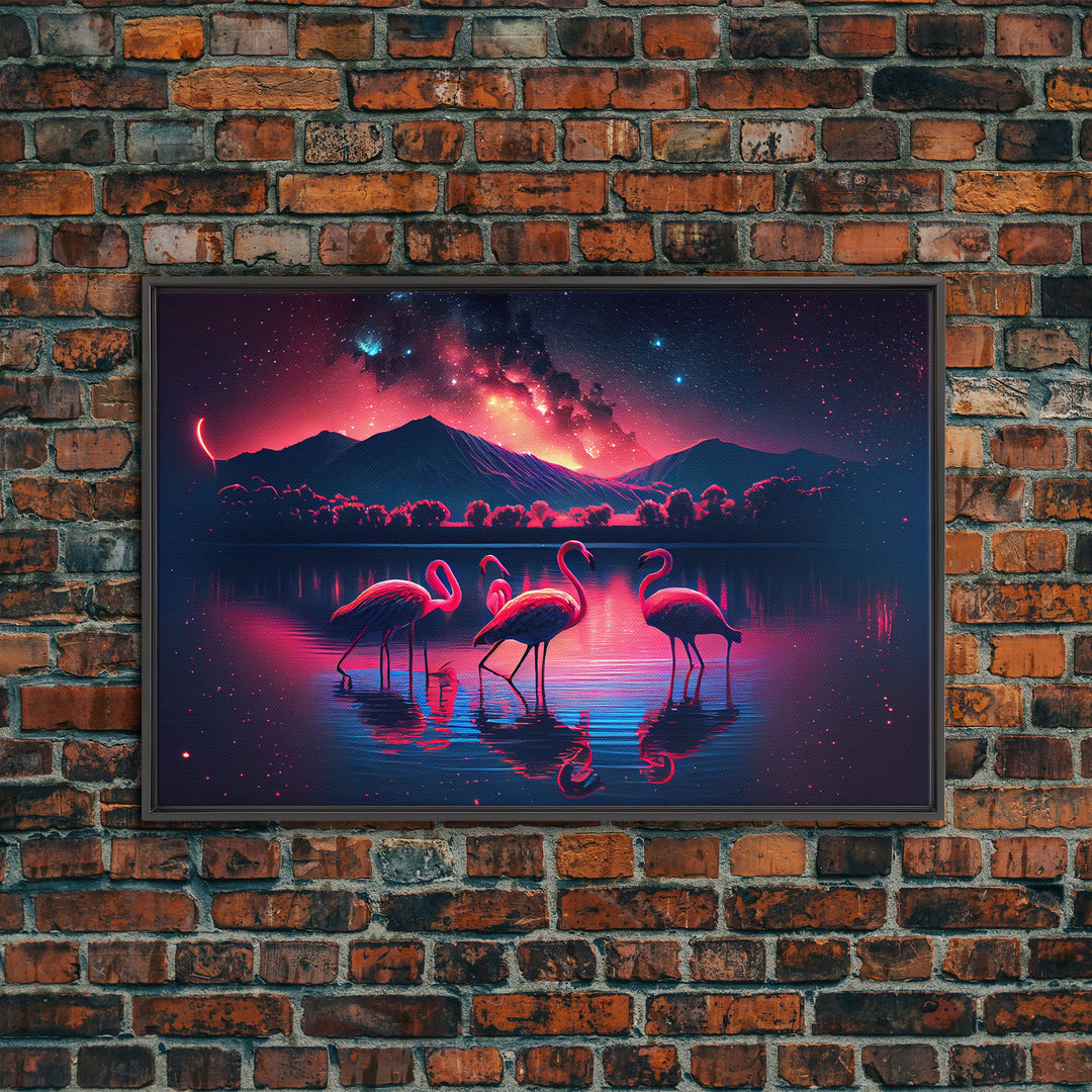 Pink Flamingos against a starry night sky, synthwave vibes, framed canvas print, framed art