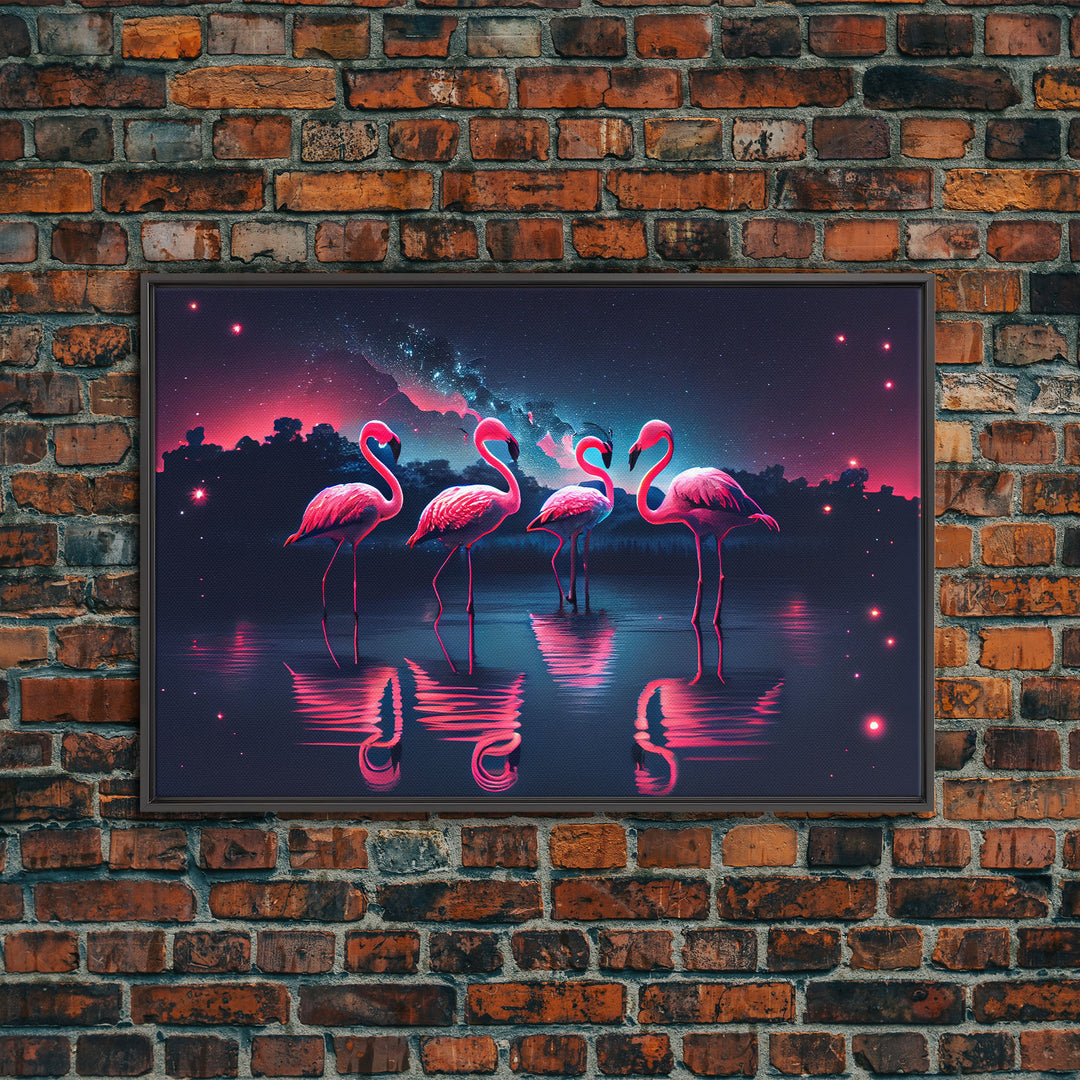 Pink Flamingos against a starry night sky, synthwave vibes, framed canvas print, framed art