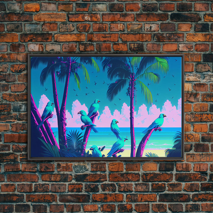 Tropical birds of paradise, synthwave, vaporwave wall art, framed canvas print