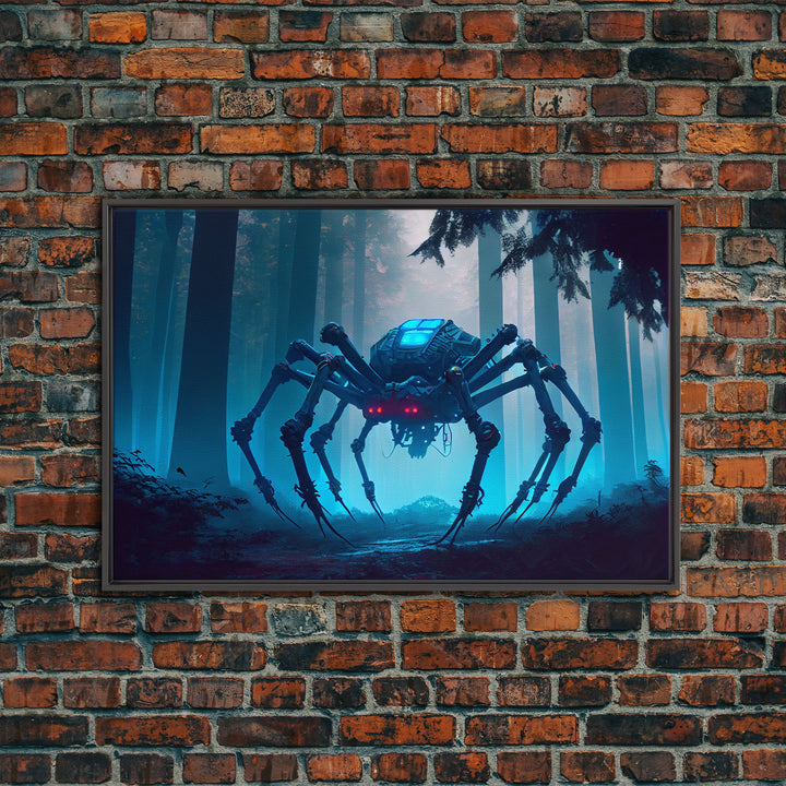 Cyborg Spider, Scifi Fantasy horror art, robot spider on the hunt, framed canvas print