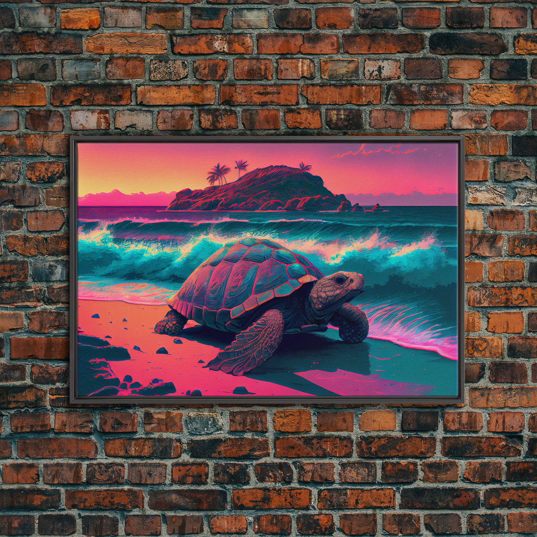 Sea turtle fighting the waves, framed canvas art, synthwave, vaporwave, animal prints