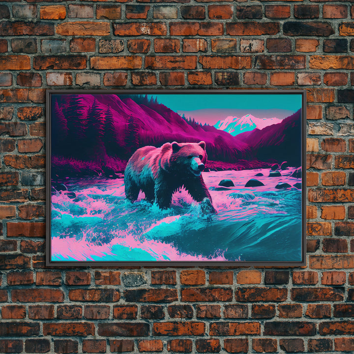 Grizzly bear crossing a river, vaporwave style animal print art, framed canvas print