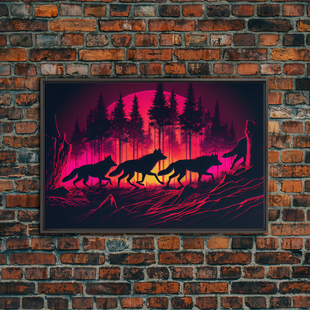 Wolf Pack on the hunt at sunset, synthwave animal art, framed canvas print