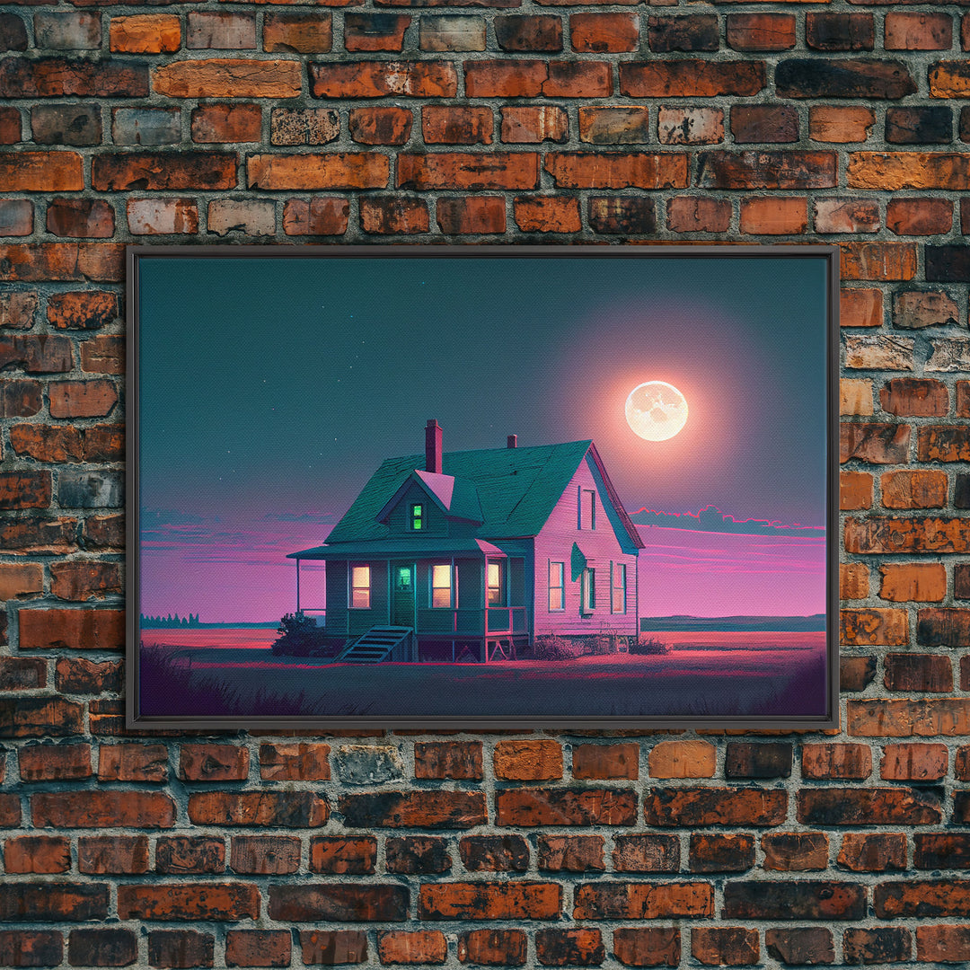 Primitive Retro Mashup, Little house on the prairie, vaporwave aesthetic style framed canvas print