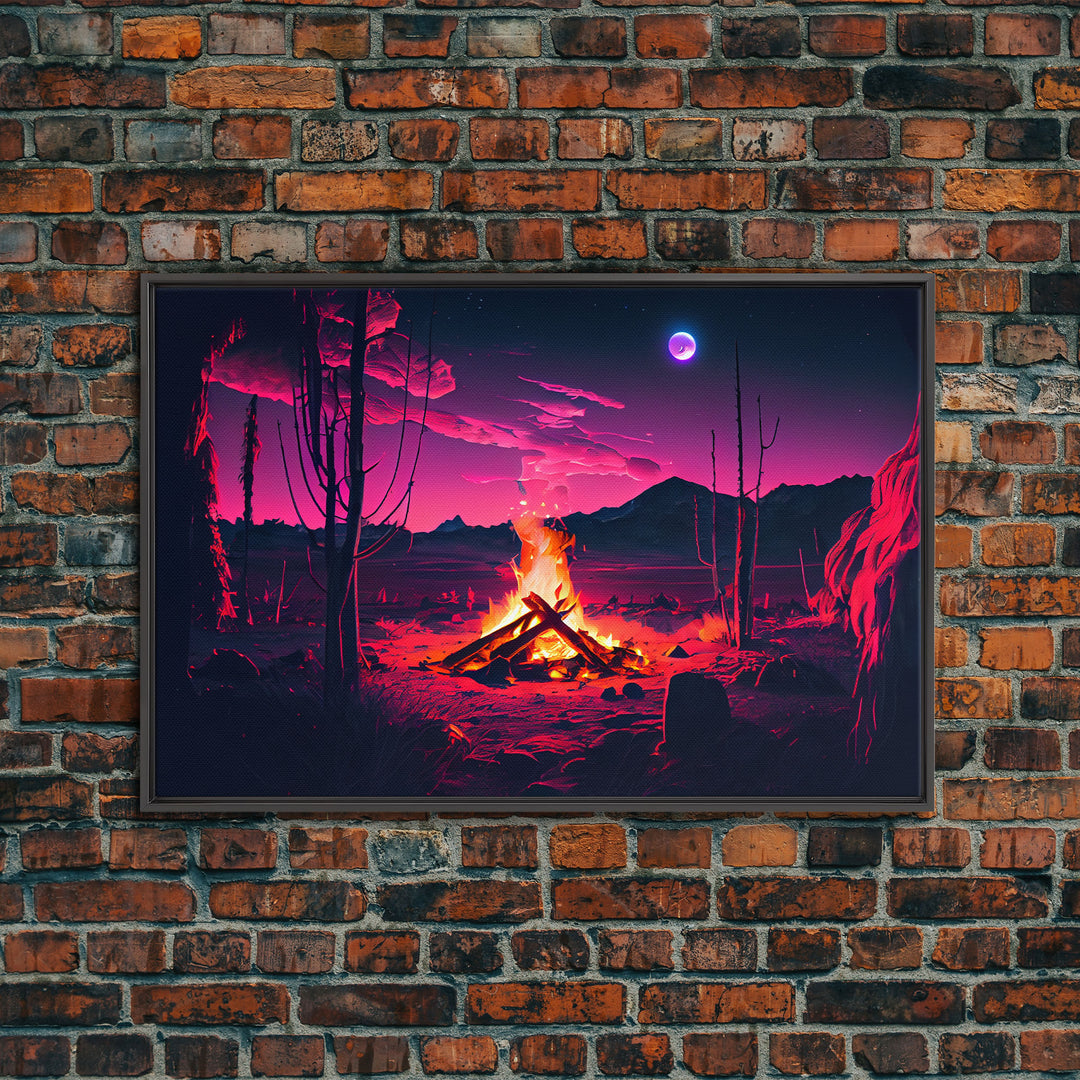 Primitive Art, Campfire Painting Print, Framed Canvas Print, Synthwave Farmhouse Decor