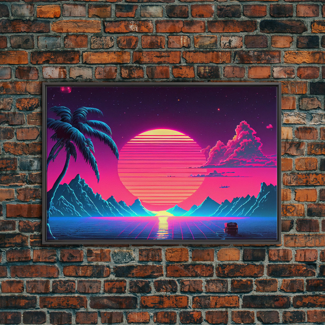 Retro Outrun Style Palm Trees and Sunset, Framed Canvas Print, Wireframe lake and mountain vista