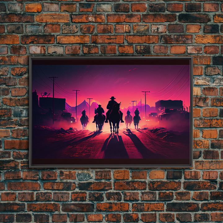 Retro Synthwave Style Post-Apocalyptic Cowboys, framed canvas print, retro outrun style wild west art