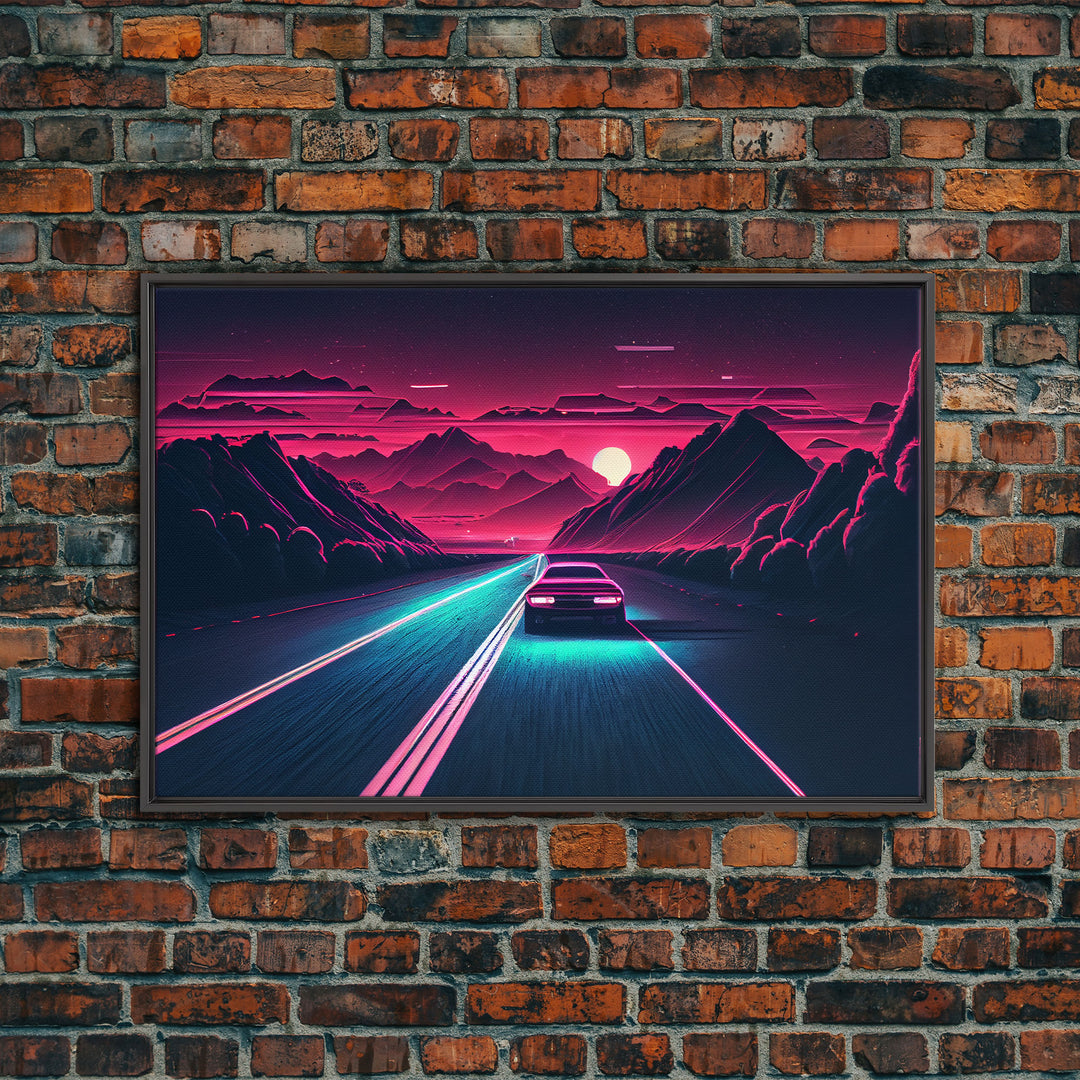 Midnight Drive, Unique Synthwave Style Retro Art, 80s style art, framed canvas print