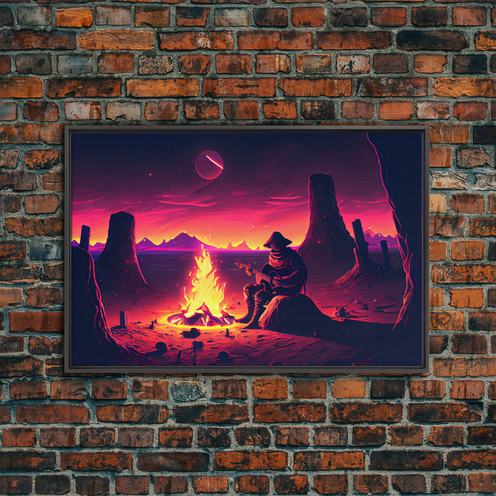 Campfire Songs, Retrowave style art, framed canvas print, synthwave art