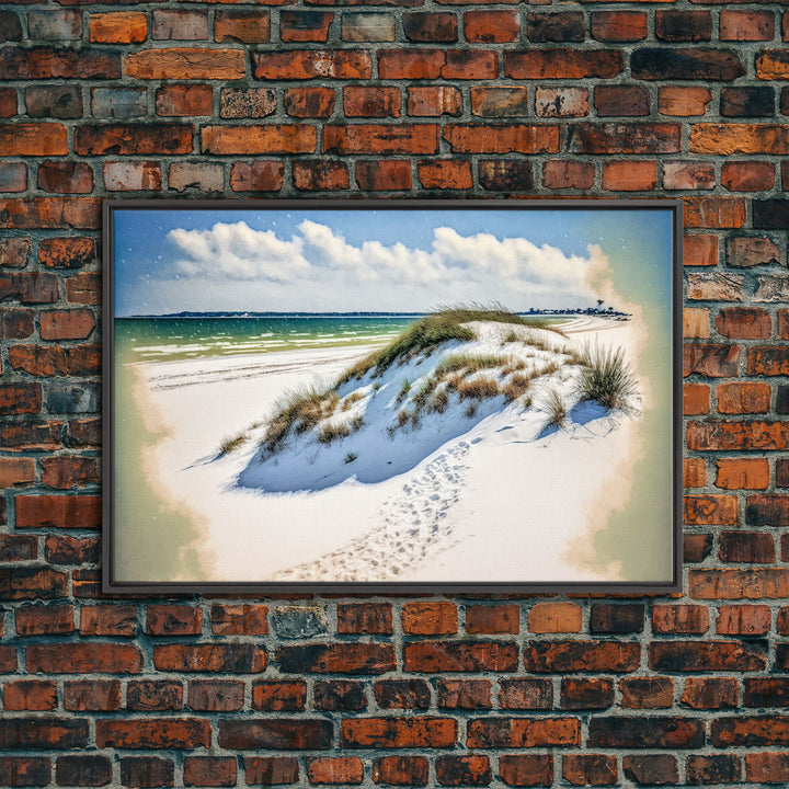 Whimsical watercolor of sand dunes on a beach, framed canvas print, beautiful living room wall art