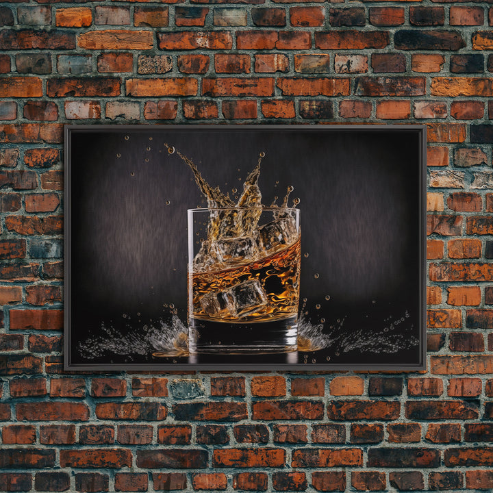 Whiskey Wall Décor, Glass of Whiskey with Splash, Man Cave Wall Art, Whisky Artwork, Home Bar Decor, Framed Canvas Print