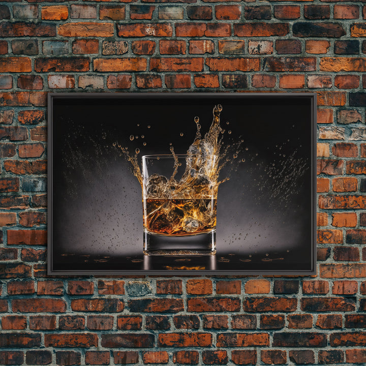 Whiskey Wall Décor, Glass of Whiskey with Splash, Man Cave Wall Art, Whisky Artwork, Home Bar Decor, Framed Canvas Print, Manly Art