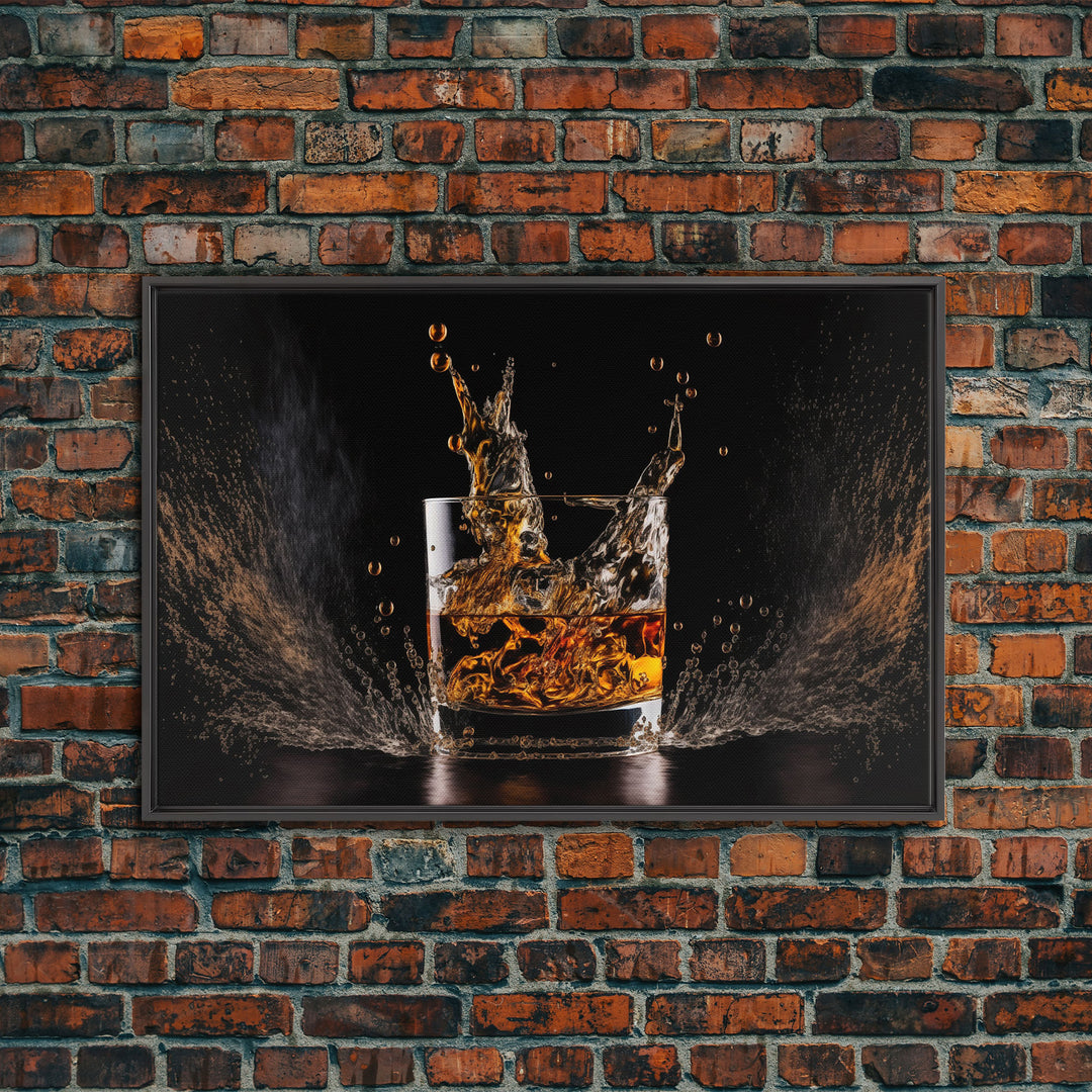 Whiskey Wall Décor, Ice falling into a glass of whiskey, modern / contemporary bar wall art, framed canvas print