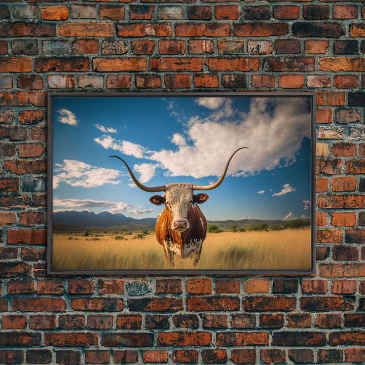 Texas longhorn art Rustic wall art, wall decor Western farmhouse decor, cow framed canvas print, Trendy wall art, Longhorn canvas print