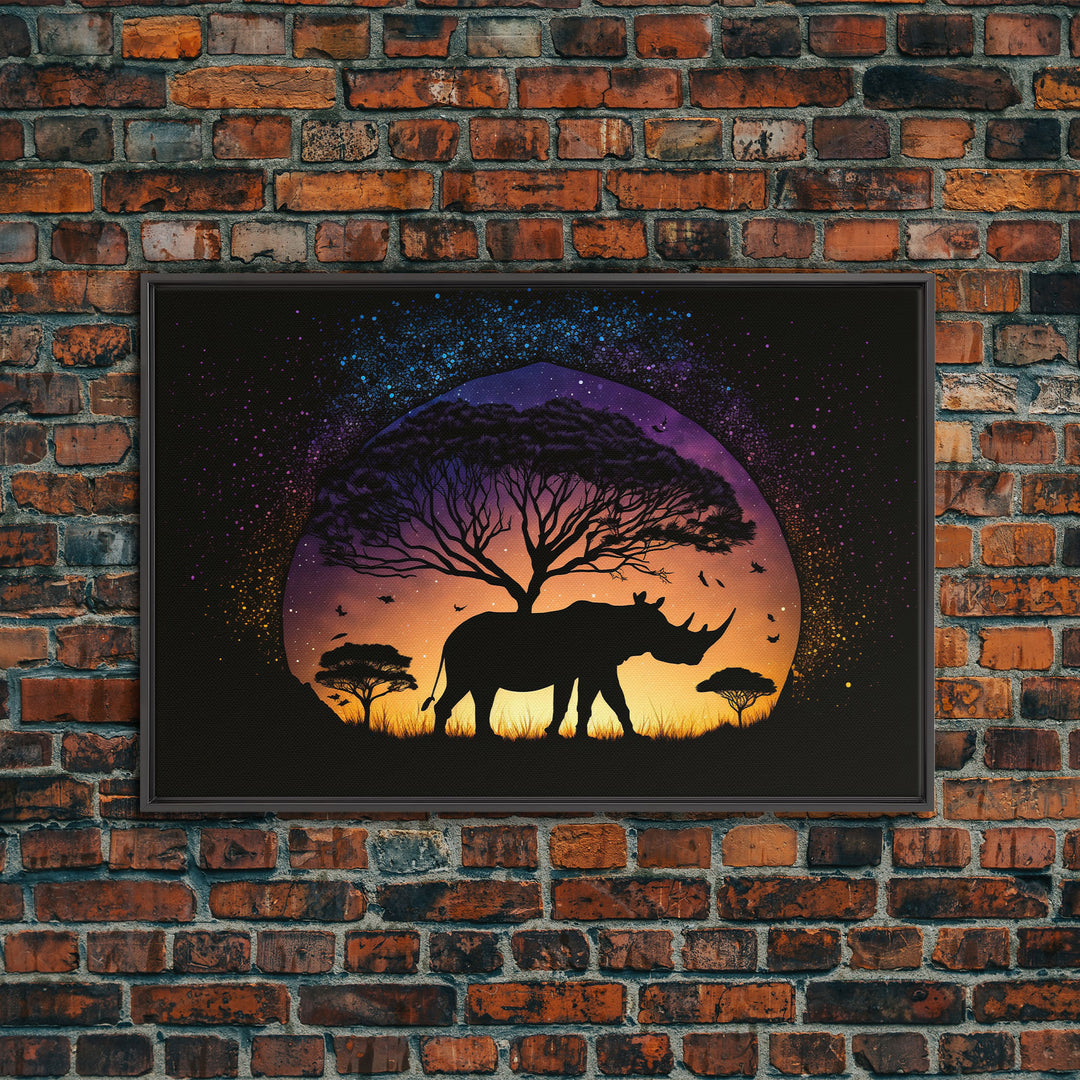 Rhino Silhouette against a starry night sky, wildlife art, animal prints, framed canvas print