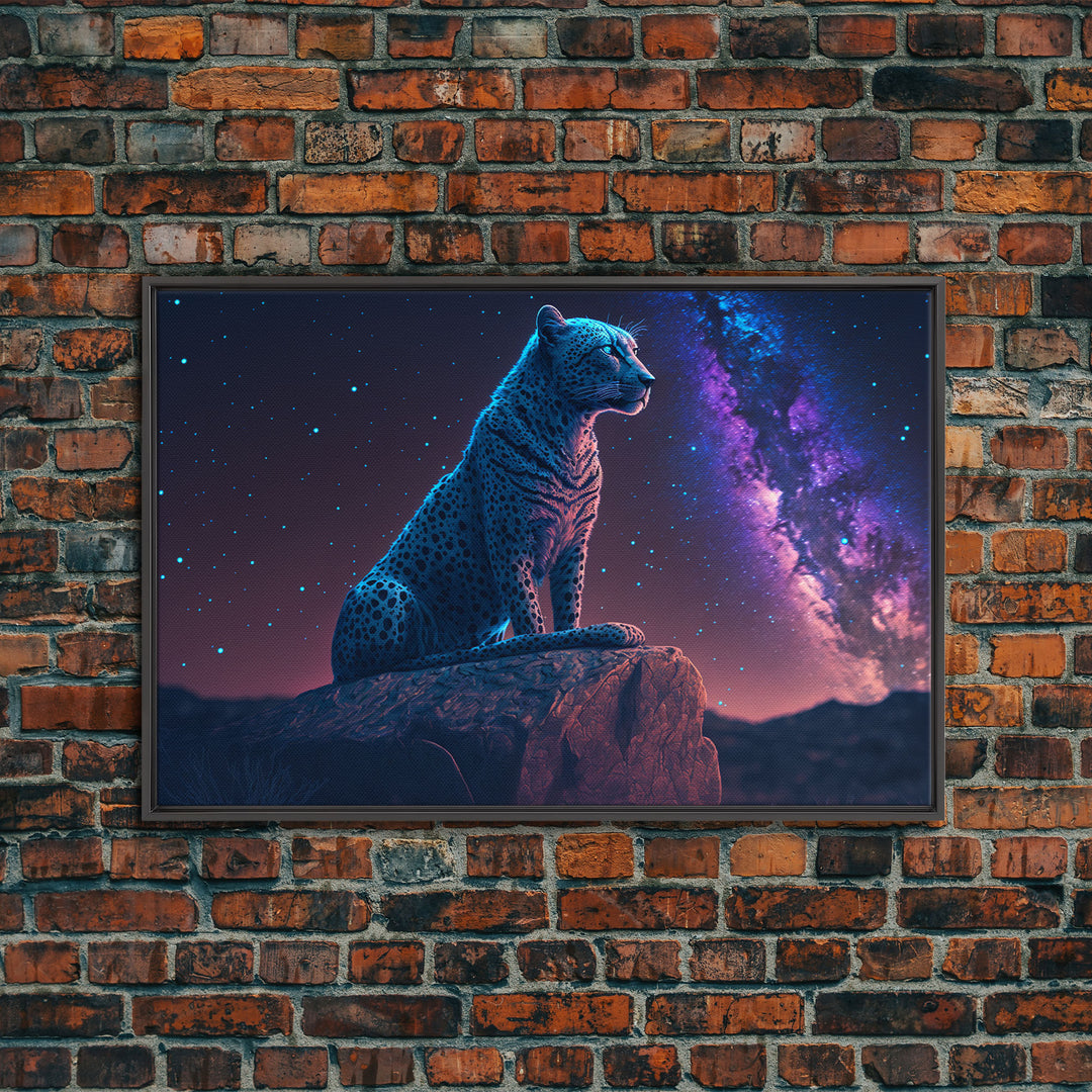 Synthwave Animal Prints, Cheetah and a starry night sky, framed canvas print, cute animal art