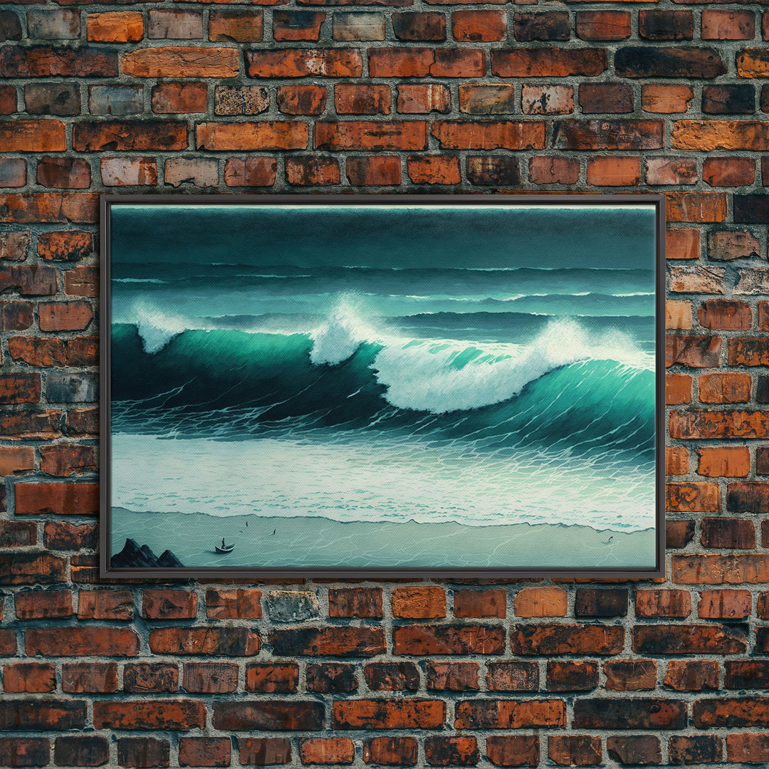 The Monsoon | Beach Art | Framed Canvas Print | Emerald Green Waves | Boho Style Minimalist Painting | Framed Wall Decor Wall Art