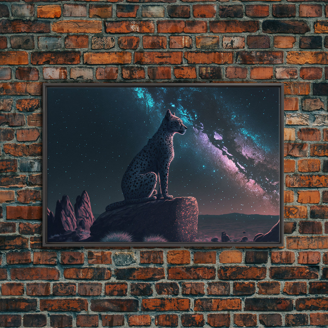 Cheetah overlooking the valley, synthwave retro style animal prints, framed canvas print, framed wall art, starry Africa night sky