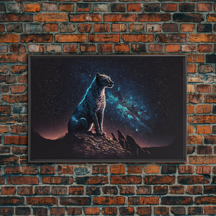 Cheetah Print, Synthwave Animal Prints, Cheetah and a starry night sky, framed canvas print, cute animal art