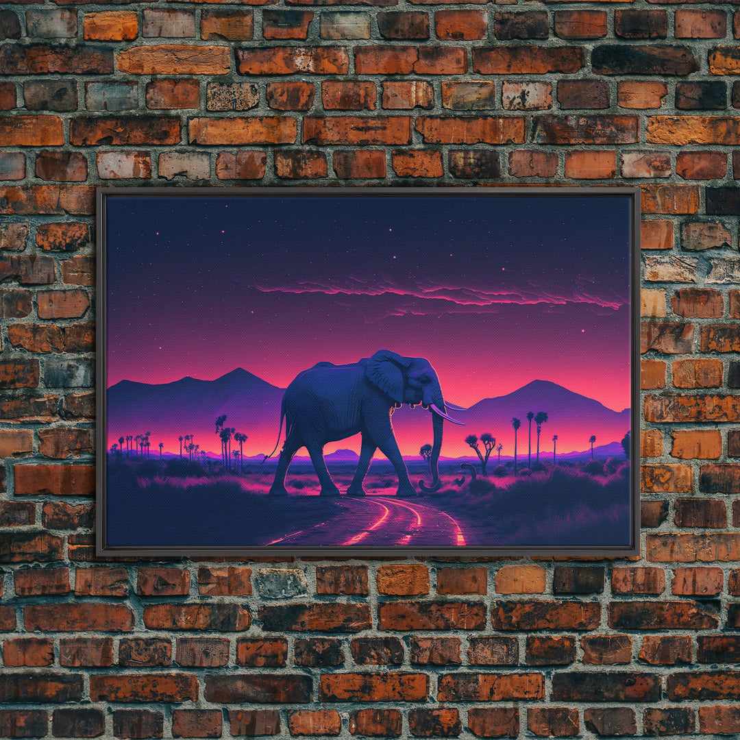 Elephant Art | Framed Canvas Print | Synthwave Style Framed Wall Art | Animal Prints | Elephant Walks Under A Full Moon | Kid's Room Decor