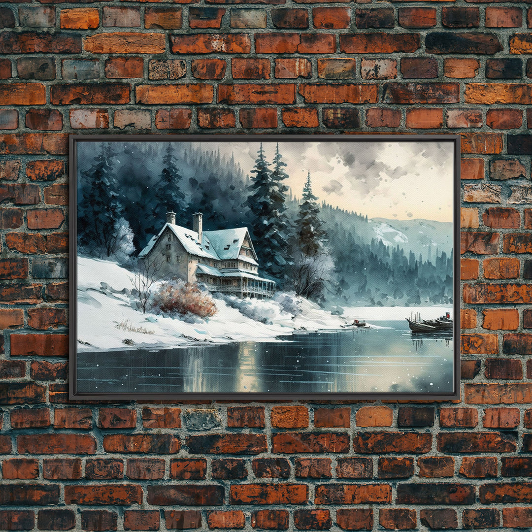 Snow Covered Landscape Art | Framed Canvas Print | Snowy Winter Scene | Boho Minimalist Modern Art | Art For Winter Cabin