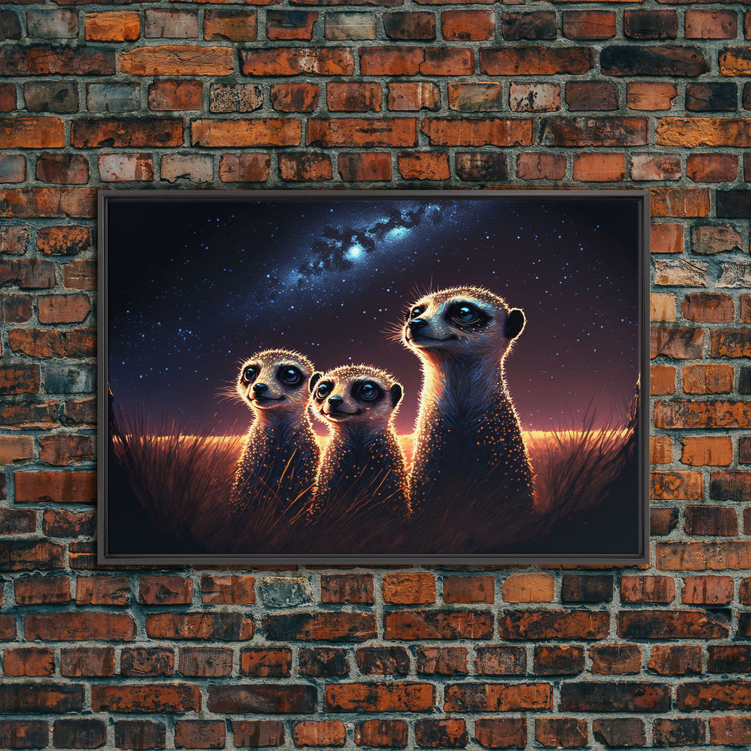 Meerkat Art, framed canvas print, Animal art, starry night over the plains of Africa