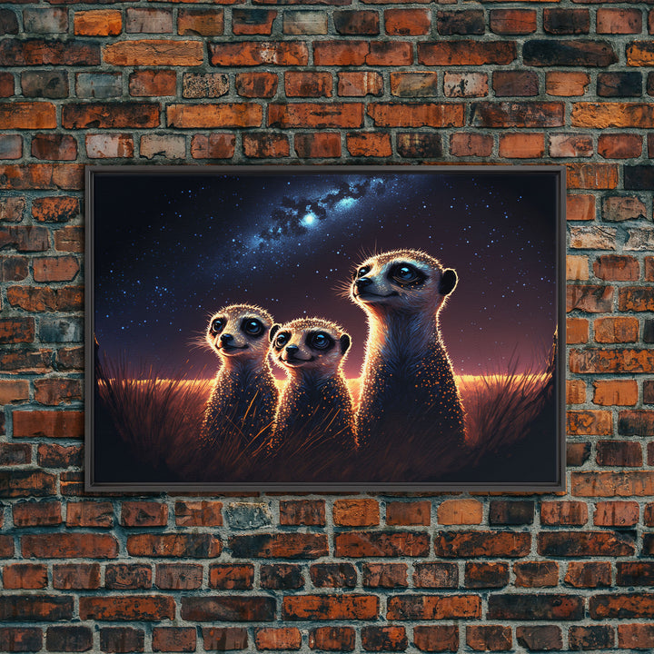 Meerkat Art, framed canvas print, Animal art, starry night over the plains of Africa