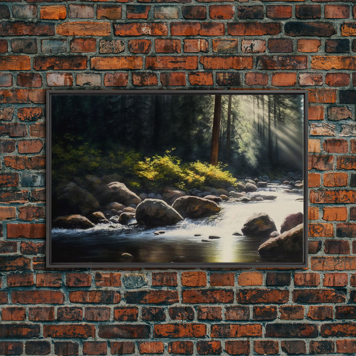 A Rocky Stream, Watercolor Art, Serene nature landscape art, framed canvas print, mouth of the river in the morning light wall art