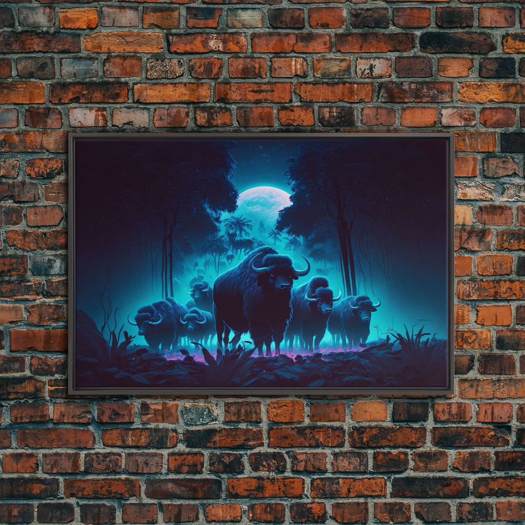 Herd of Water buffalo at midnight, full moon, retro style synthwave animal prints, framed canvas print