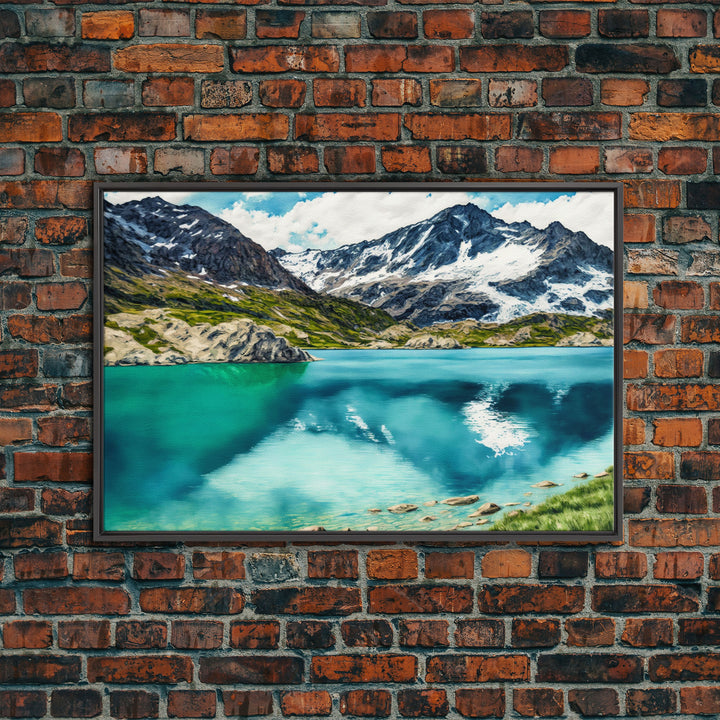 Watercolor painting canvas print of a mountain lake landscape, framed canvas print, framed wall art