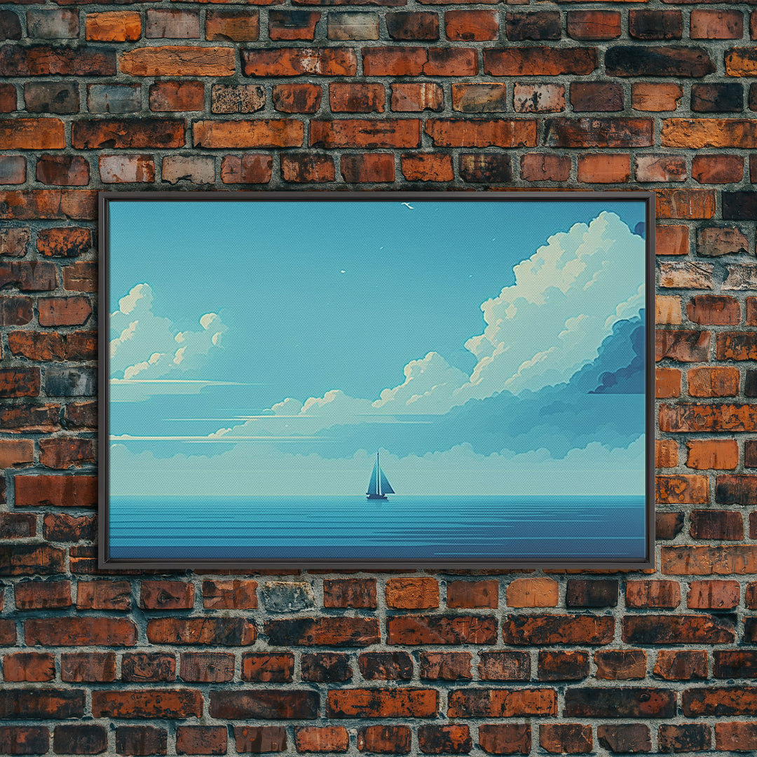 Monochromatic Sail Boat Art, Blue Tones, Framed Canvas Print, Blue Sky and Blue Sea There's Nothing Else For Me