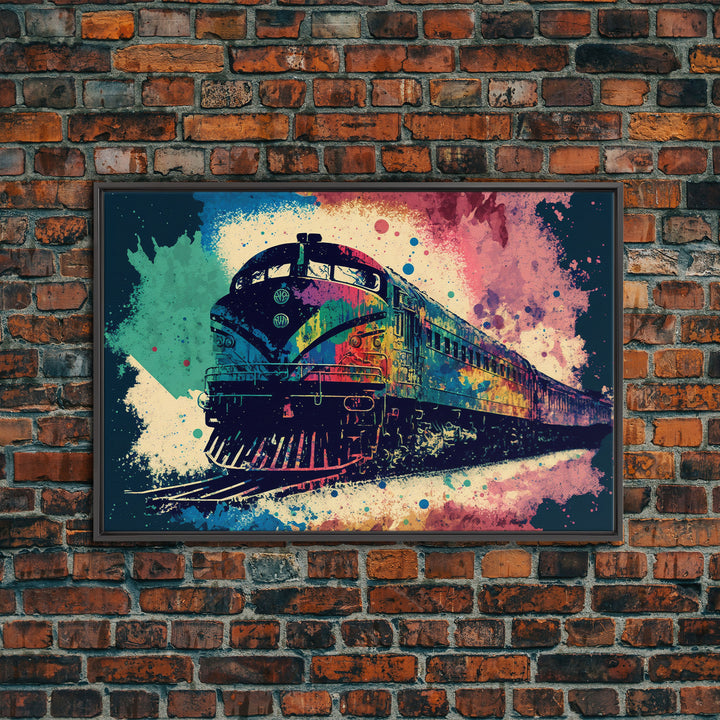 Train Art, Watercolor, Graffiti Pop Art, Framed Canvas Print, Modern Passenger Train Wall Decor, Train Conductor Art