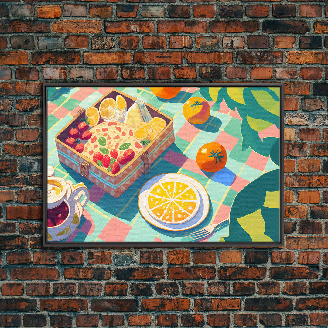 Picnic Art, Whimsical Summer Deserts, Framed Canvas Print, Fruit Tart Painting, Picnic Basket Art