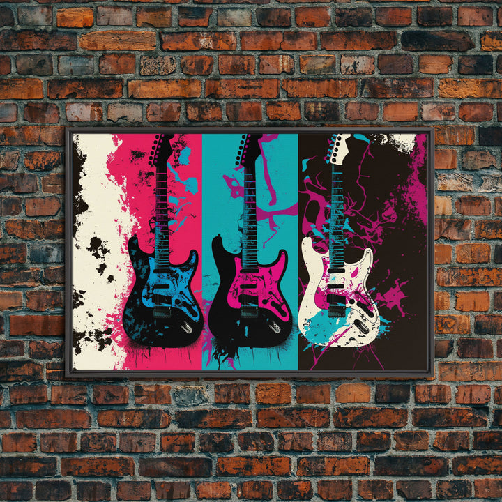 Electric Guitar Graffiti Punk Pop Art, Instrument Drawings, Framed Canvas Print, Pop Art, Splatter Art, Large Living Room Wall Decorr