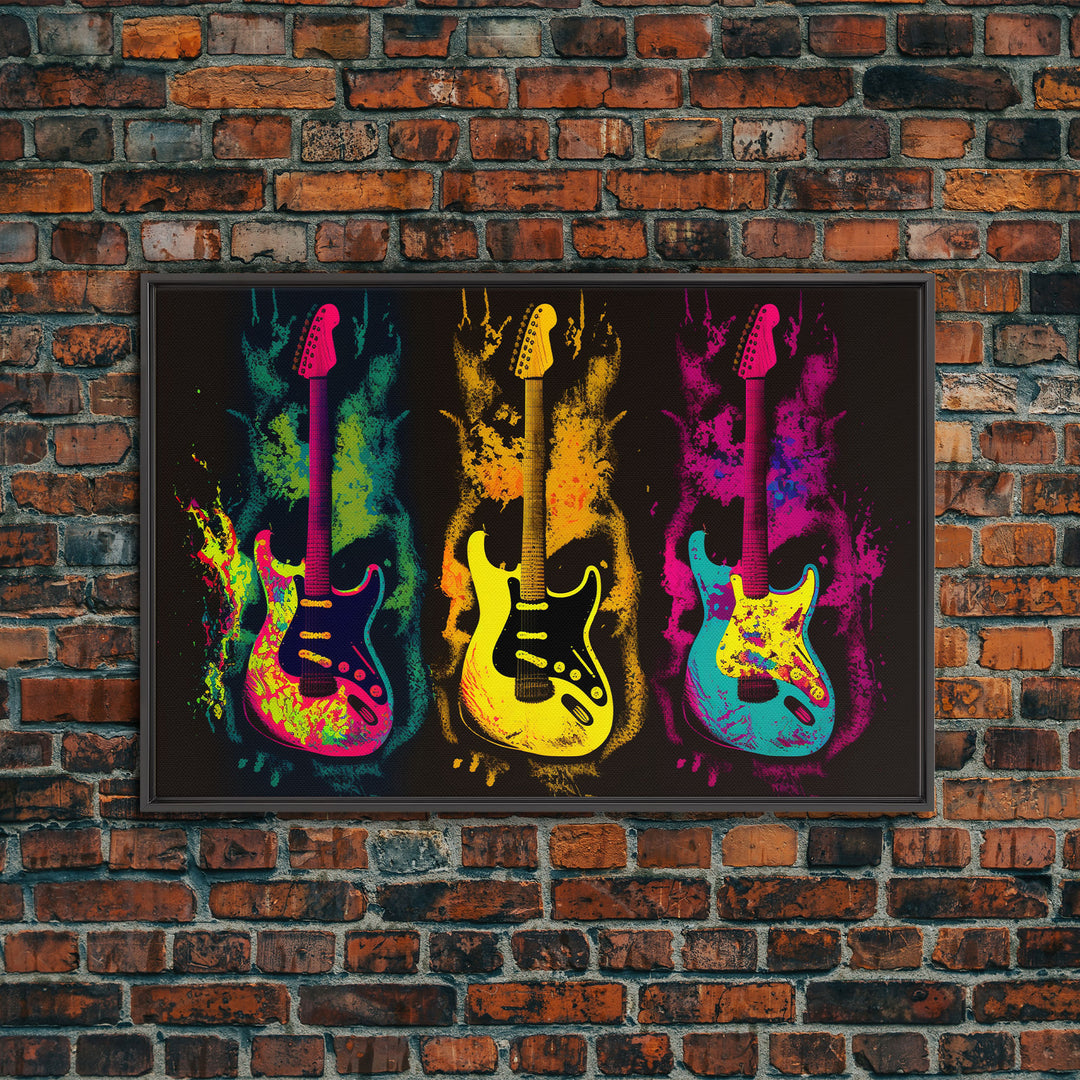 Psychedelic Electric Guitar Graffiti Pop Art, Instrument Drawings, Framed Canvas Print, Pop Art, Splatter Art, Large Living Room Wall Decorr