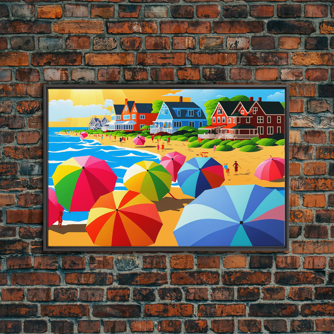 The Beach Crowd, Art Deco Pop Art Mashup, Framed Canvas Print, Colorful Beach Umbrellas, Beach House Lake House Decor