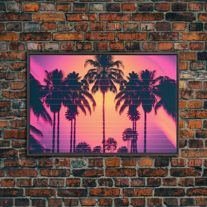 Synthwave Sunset Art, Framed Canvas Print, Palm Tree 80s Vibe Wall Art