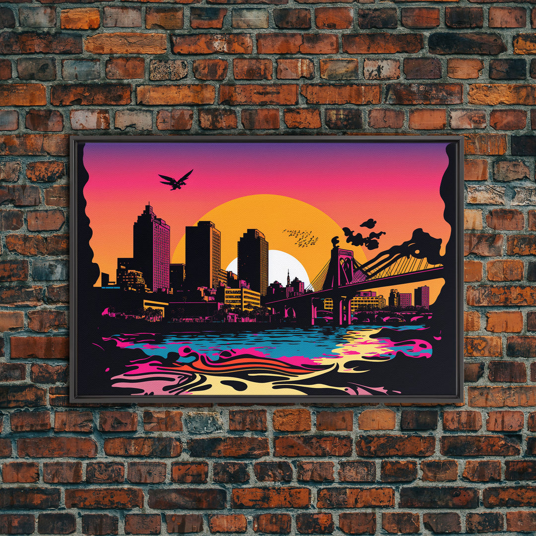 Beautiful Portland, Oregon Retro Synthwave Style Sunset Art, Framed Canvas Print, Pacific Northwest City Art