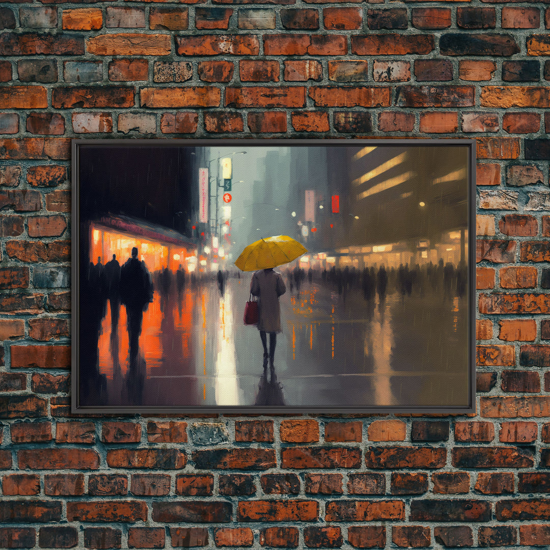 Rainy City At Night, Framed Canvas Print, Dystopian Rain Art, Huge Wall Art, Large Oversized Wall Decor