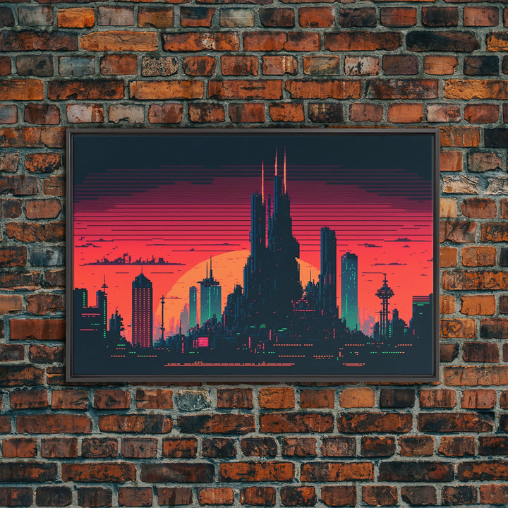 Outrun Style Pixel Art Futuristic Cyberpunk City Skyline at Sunset, Concept art, framed canvas print, dystopian art