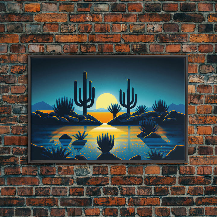 Retro Art Deco Style Pueblo Desert Art, Cactus Desert Landscape under a Full Moon, Framed Canvas Print, Cute Western Decor