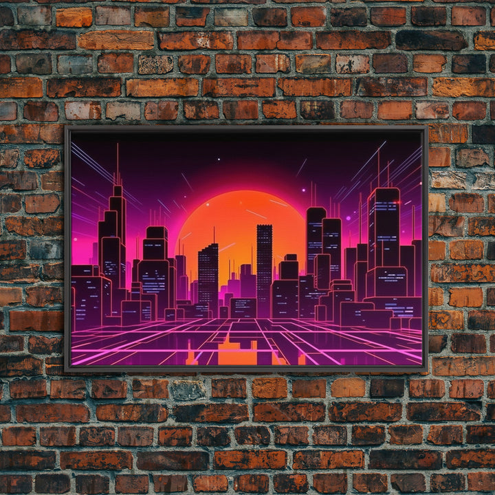 City Wall Art | Framed Canvas Print | Living room art | Lines | Retro | Wonderful art | Landscape | Outrun Style | Futuristic | Synthwave