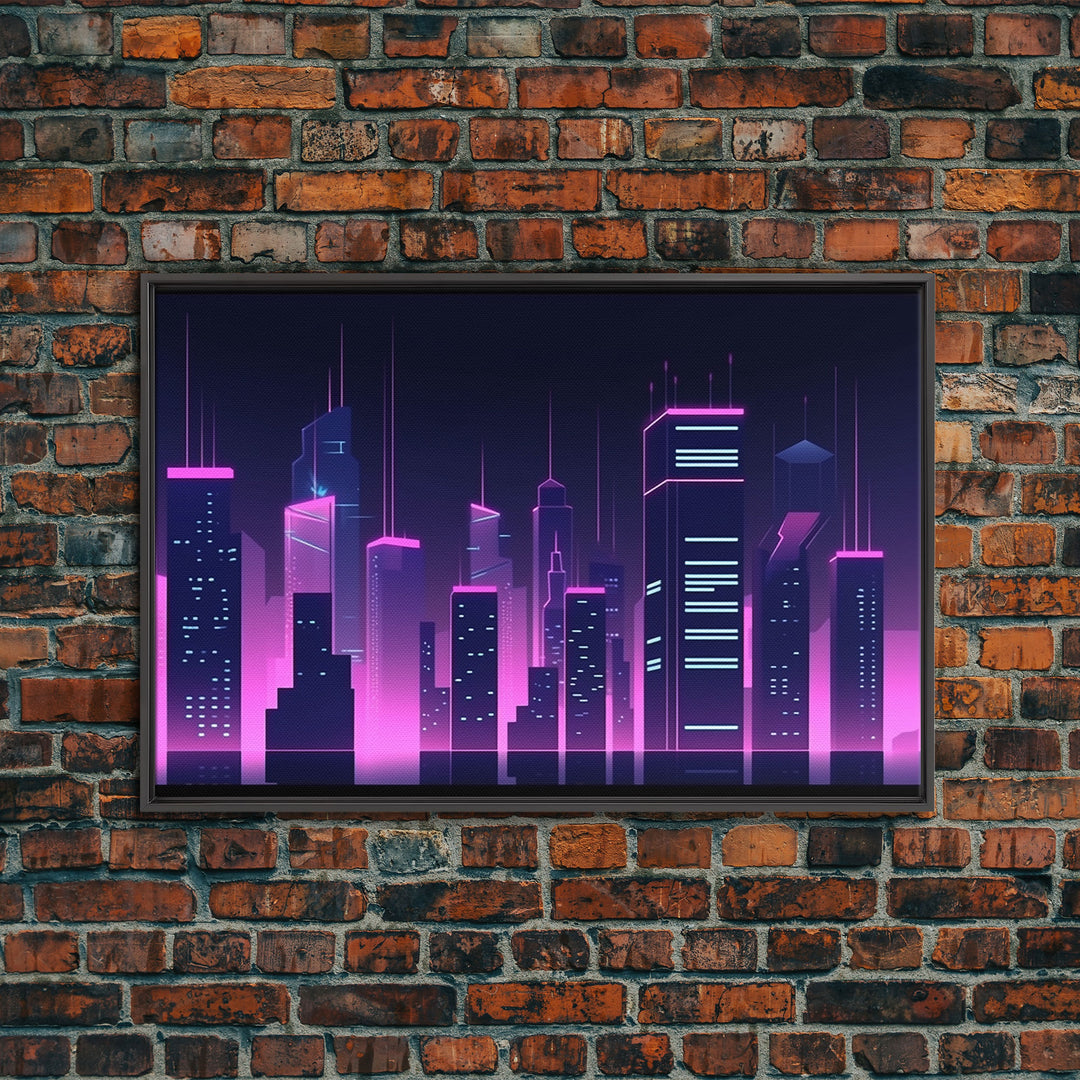 Big City Wall Art | Framed Canvas Print | Living room art | Office decor | Buildings | Outrun Style | Landscape | Night | Pop Art | City