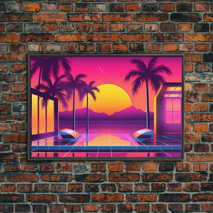 Sunset Penthouse Wall Art, Framed Canvas Print, Pop Art Style, Synthwave Style, Living room art, Colorful painting, Pink colors, Hot sunset