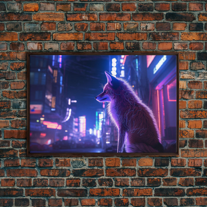 Alley Fox, Cyberpunk city, framed canvas print, urban decay art