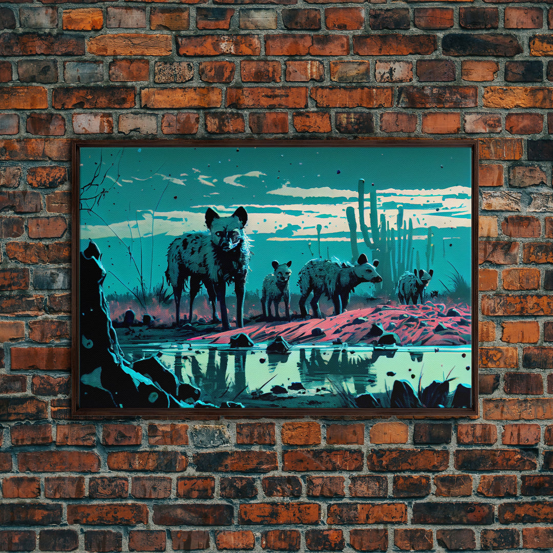 Hyenas at midnight, turquoise vaporwave art, framed canvas print