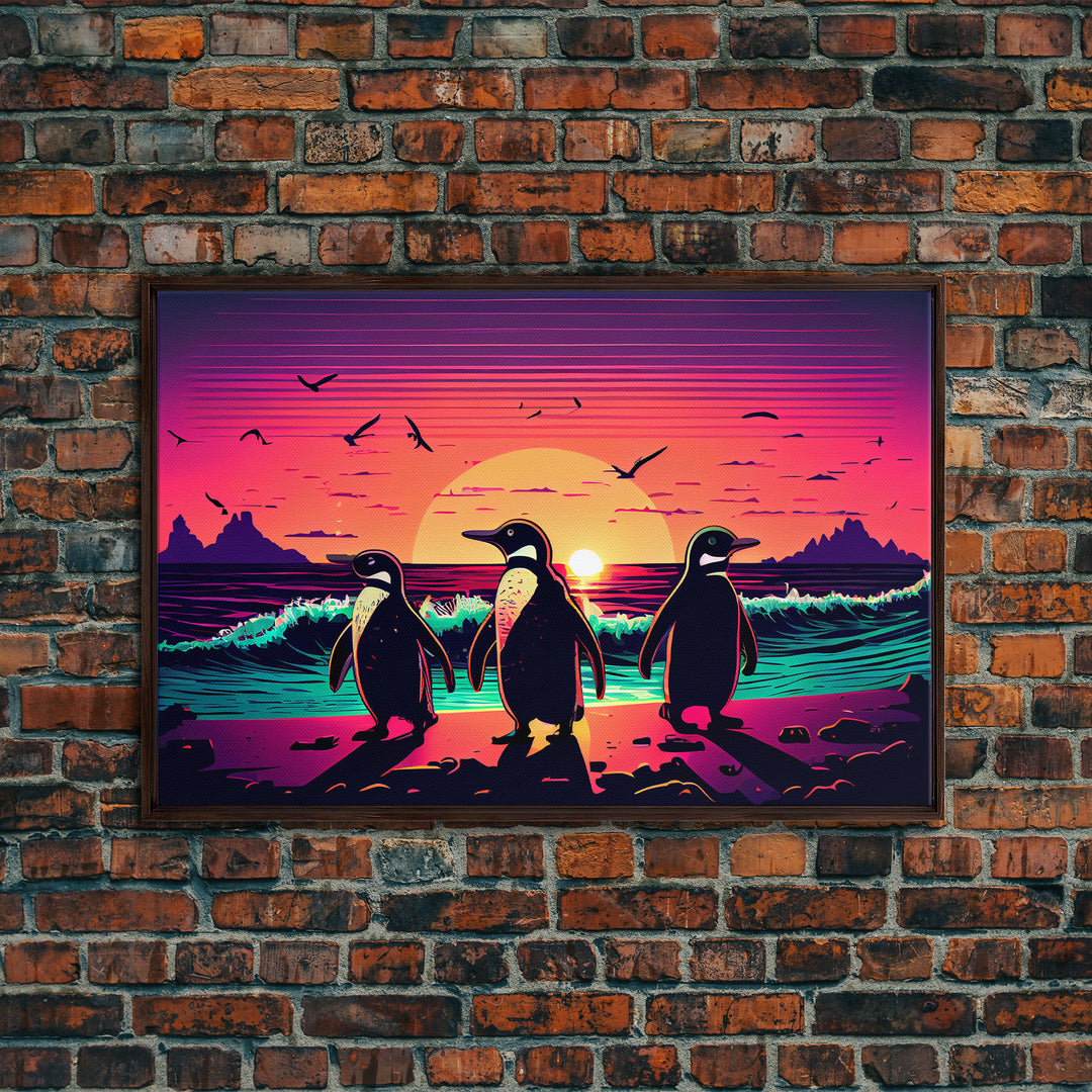 Surfing Penguins walking on the beach, retrowave art, framed canvas print, animal art