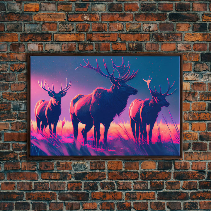 Vaporwave landscape, Elk in the plains at sunset, framed canvas art, canvas print, framed wall art