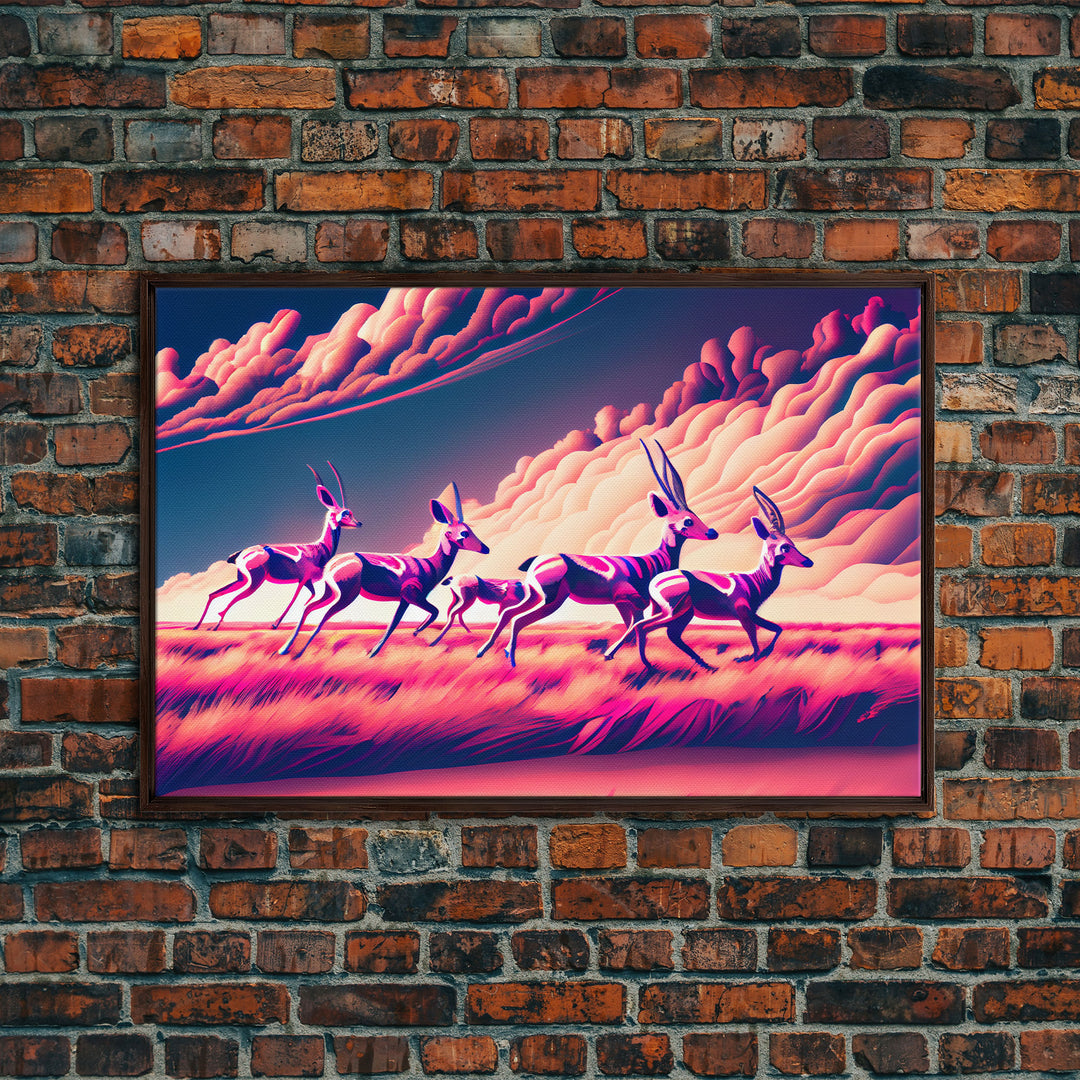 Herd of African Gazelles, vaporwave art, synthwave aesthetic nature print, framed canvas print