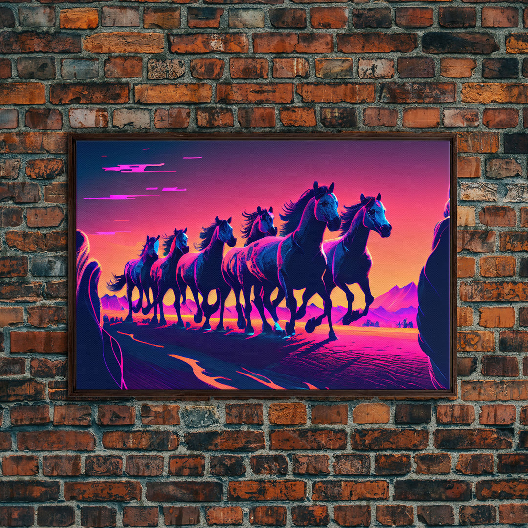 Herd of Wild Horses, American Western decor, framed canvas print, synthwave animal art